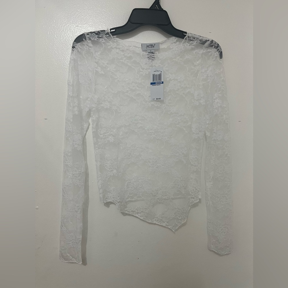 Just Polly Juniors' Long-Sleeve Knit Lace White. Medium. NWT.